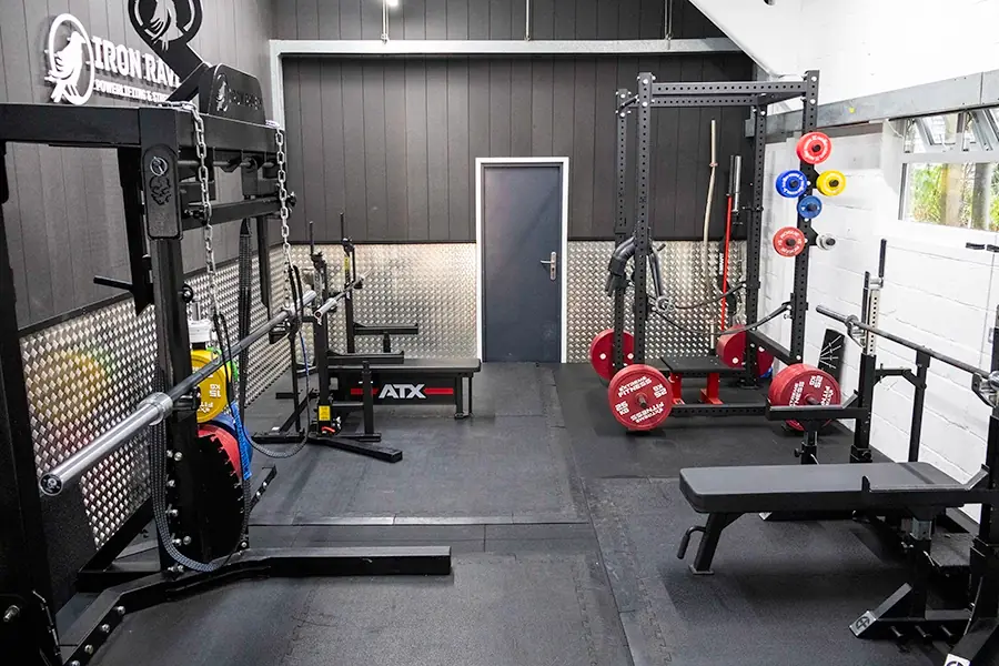 Ground floor racks and benches at Sportive Tricks gym, Tonbridge