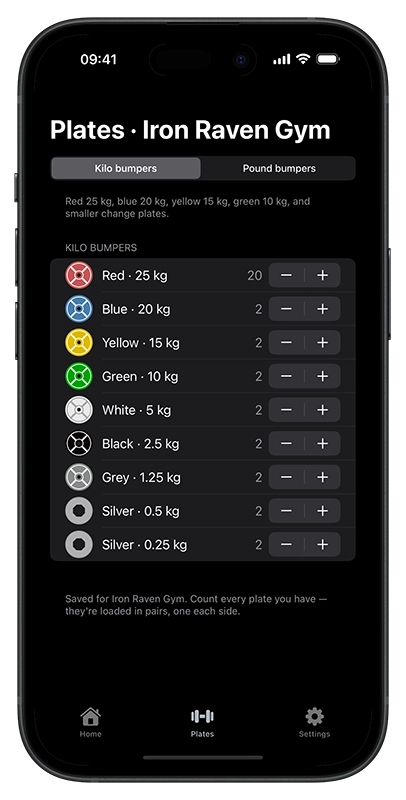 Plate inventory for a gym, with a count for each kilo bumper